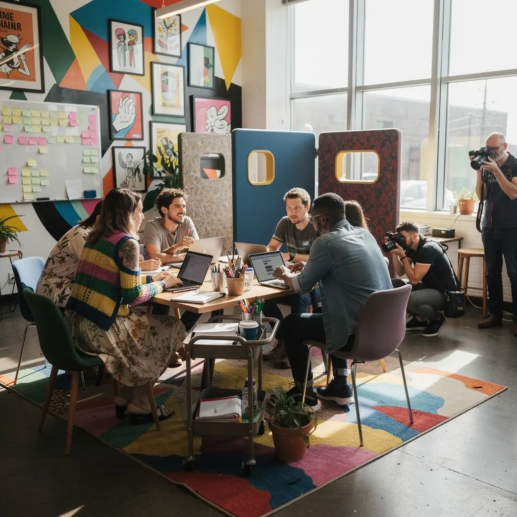 Przykład strefy pracy z akustycznymi panelami tłumiącymi hałas i poprawiającymi komfort.